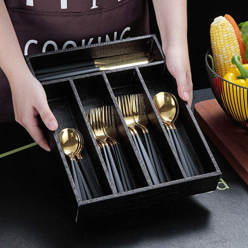 Drawer Organizers, Berglander Black Leather Wood Kitchen Silverware Tray For Drawer, Utensil Tray Drawer Organizer, Kitchen Silverware Organizer, Cutlery Flatware Organizer With Drawers