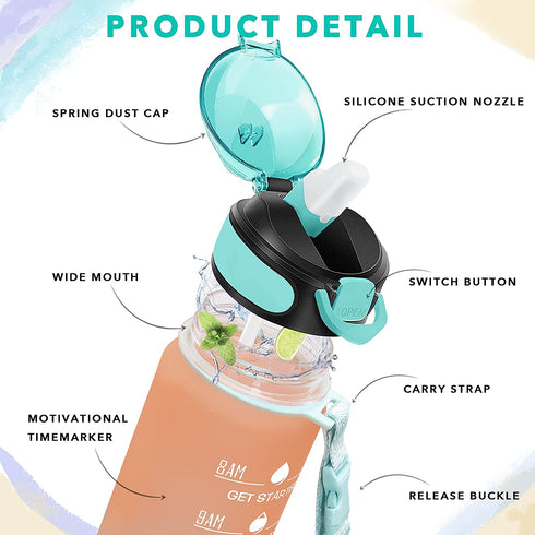 Enerbone 32 OZ Water Bottle with Times to Drink and Straw, Leakproof BPA & Toxic Free, Drinking Water Bottle with Carrying Strap, Ensure You Drink Enough Water for Fitness and Outdoor, Orange-Green