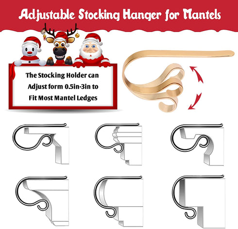 Christmas Stocking Holder,4 Pack Stocking Holders for Mantle,Non-Slip Stocking Holders for Christmas Decorations,Lightweight Stocking Hangers for Mantel Fireplace with Adjustable Design,Gold