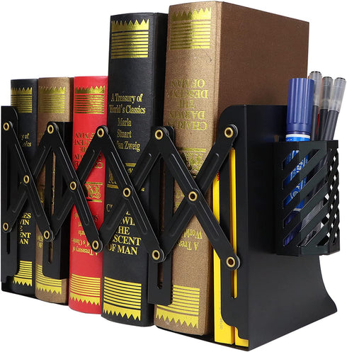PROWOHO Adjustable Book Ends, Bookends with Removable Pen Holder for Office, Shelves, Desktop File Organizer, Kitchen, School Library and Home, Black