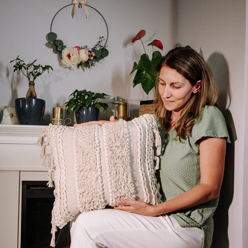 Decorative Boho Pillow Cover, 18x18, Soft Moroccan Rustic Throw with Tufted Accents, Plush Handwoven Cotton, Neutral Farmhouse Home Decor | Made with Love and Care in India