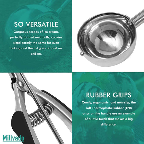 Millvado Stainless Steel Ice Cream and Cookie Scoop | Large Sized, With Black Rubber Grips, Spring Loaded Lever Design, For Sorbet, Melon, Meatballs, Muffins, and More, 3 Ounce Scooper
