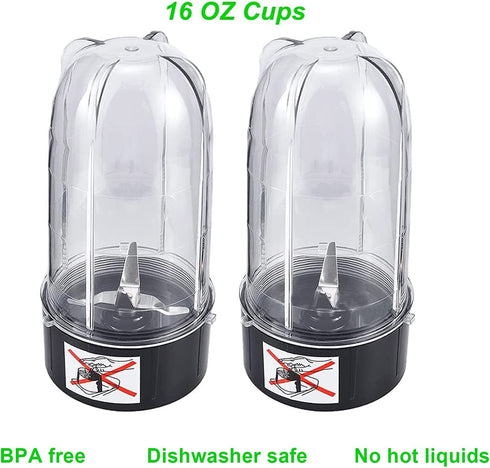 Blender Replacement parts 2pack 16oz Cups with Cross and Flat Blade Combination, Plus Four Sealing Rings?Compatible with Magic Bullet Blender Juicer 250W MB-1001