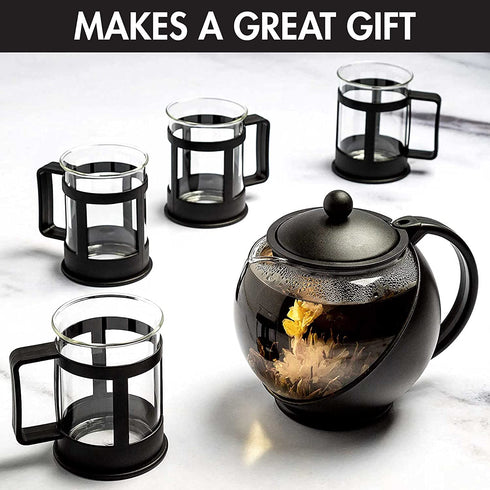 Primula Half Moon Teapot Set with 4 Tea Cups, Removable Infuser, Borosilicate Glass Tea Maker, Stainless Steel Filter, Dishwasher Safe, 40-Ounce, Tea Gift Set, Tea Set for Service of 4 Adults