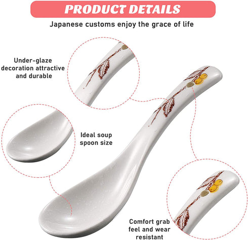 Newtay 6 Pieces Japanese Retro Soup Spoons Ceramics Soup Spoons Japanese Style Rice Spoon Flatware Asian Chinese Serving Spoons Appetizers Tableware Meal Partner for Tasting