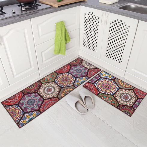 Carvapet 2 Pieces Non-Slip Kitchen Rug Mat Runner Set Doormat Vintage Design Boho Style, Hexagon (15"x47"+15"x23")