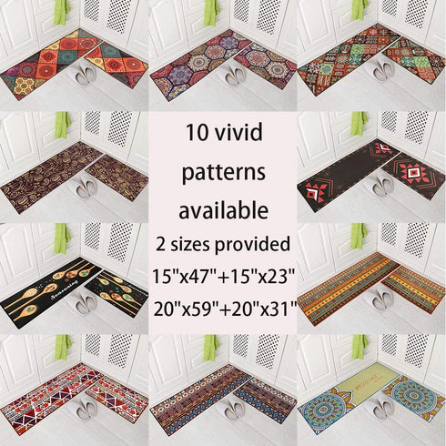 Carvapet 2 Pieces Non-Slip Kitchen Rug Mat Runner Set Doormat Vintage Design Boho Style, Hexagon (15"x47"+15"x23")