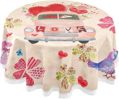 Pfrewn Valentine Heart Round Tablecloth, Pink Truck Mothers Day Flowers Table Cloth Cover Mat, Lace Washable Polyester 60" Dining Decorative for Holiday Home Party Wedding Picnic