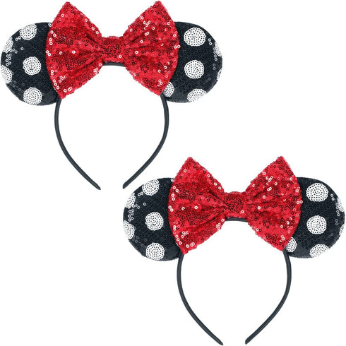 2 Pcs Mouse Ears Bow Headbands, Shiny Sequin Bow Headbands Classic Red Mouse Ears Headbands for Adult Women Girls