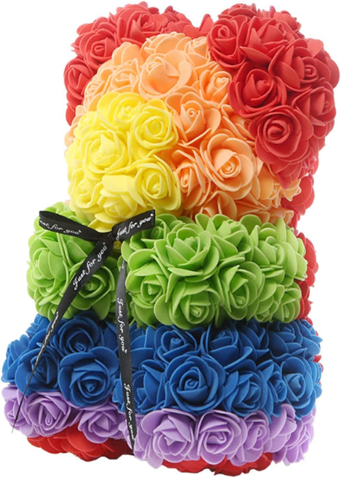 23cm Rose Bear in Box Artificial Rose Flower Bear, Gift for Valentines Day, Wedding, Mothers Day and Anniversary (RED)