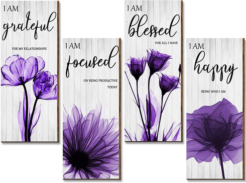 4 Pieces Flower Pictures Wall Decor Living Room Hanging Pictures Wooden Art Wall Decor Wall Art Pictures Thankful Grateful Blessed Home Decoration (Purple)