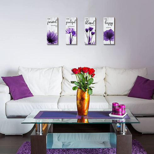 4 Pieces Flower Pictures Wall Decor Living Room Hanging Pictures Wooden Art Wall Decor Wall Art Pictures Thankful Grateful Blessed Home Decoration (Purple)