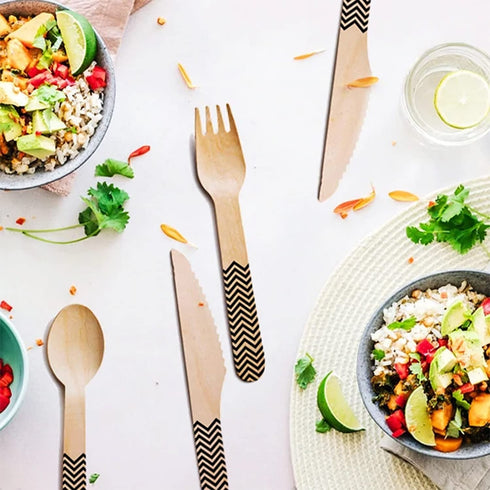 Breezy Green Disposable Wooden Cutlery- 150 Set, Eco-Friendly and Biodegradable Utensils, Dinner Flatware, Weddings, Party, 50 Spoons, Knives, Forks