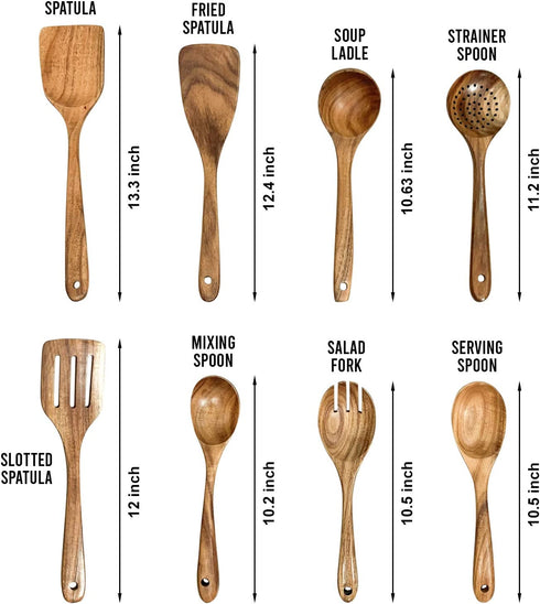Wooden Utensils for Cooking 8 Pcs Natural Teak Wooden Cooking Utensils, Wooden Kitchen Utensil Set, Wooden Spoons for Cooking, Kitchen Cooking Utensils Set, Slotted Spoons for Cooking