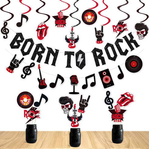 Rock and Roll Party Decorations Set Born to Rock Glitter Banner Rock and Roll Hanging Swirls Rock Star Centerpiece Sticks 1950's Rock and Roll Party Decorations Music Theme Baby 1st Birthday Party Supplies 50s 60s Rock Party Favors Record Wall Decor