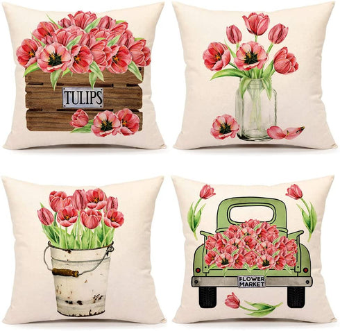 4TH Emotion Spring Tulips Pillow Covers 18x18 Set of 4 Easter Farmhouse Decor Valentines Decoration Mothers Day Cushion Case for Sofa Couch Polyester Linen
