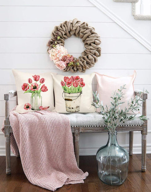 4TH Emotion Spring Tulips Pillow Covers 18x18 Set of 4 Easter Farmhouse Decor Valentines Decoration Mothers Day Cushion Case for Sofa Couch Polyester Linen