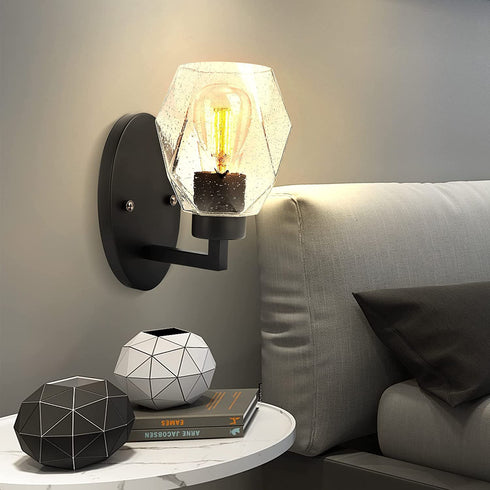 Bathroom Vanity Light Fixtures, Matte Black Industrial Farmhouse Wall Sconce with Seeded Glass Shade, Vintage Edison Wall Lamp Lighting for Living Room, Bedroom, Hallway, Stairs, Kitchen (No Bulb)
