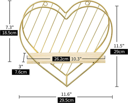 MAZJOARU Gold Floating Shelf for Wall, Heart Shelf Wall Mounted Metal Wood Hanging Shelf for Bathroom Cute Modern Wooden Wall Shelf for Bedroom Living Room Kitchen Children Room Decor Gift