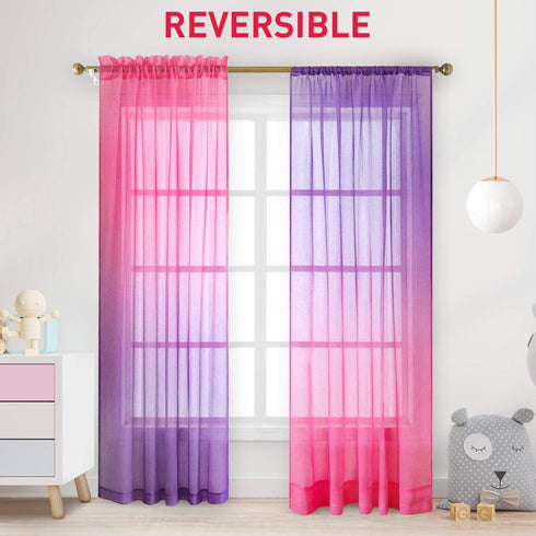HOMEIDEAS 2 Panels Pink and Purple Sheer Curtains for Girls Bedroom 52 X 84 Inch, Ombre Linen Curtains Rod Pocket Drapes for Nursery Kids Window and Living Room