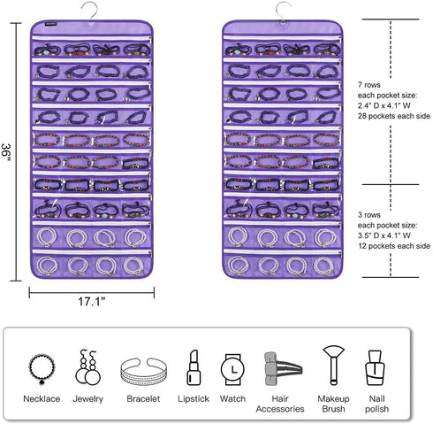 ANZORG 80 Zippered Pockets Hanging Jewelry Organizer for Holding Jewelries Dual-Sided Accessory Display Holder for Earrings Bracelets Rings (80 Zippered Pockets-Purple)