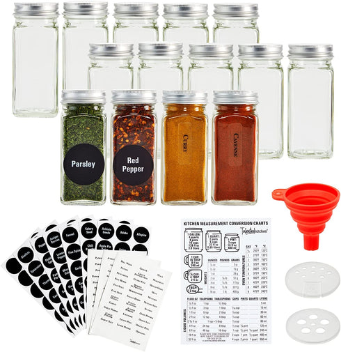 Talented Kitchen 14 Empty 4 oz Square Glass Spice Jars with Lids + Clear Minimalist Spice Labels in 2 Preprinted Chalkboard Styles, Pour/Sift & Coarse Shakers with Airtight Caps, Complete Organization Set