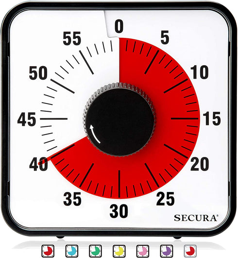 Secura 60-Minute Visual Countdown Timer, 7.5-Inch Oversize Classroom Visual Timer for Kids and Adults, Durable Mechanical Kitchen Timer Clock with Magnetic Backing (Red)