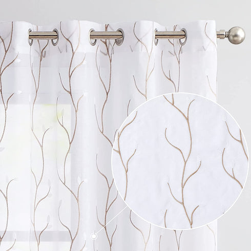Lazzzy Sheer Curtains for Bedroom 84 Inch Length Floral Embroidered White Sheers for Living Room Embroidery Voile Grommet Window Curtain Panels Set 2 Pcs