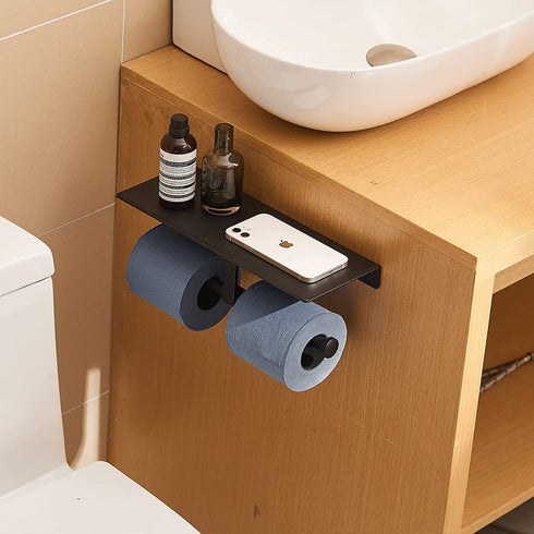 Matte Black Toilet Paper Toilet Holder with Shelf/ Dual Rolls Commercial Toilet Paper Dispenser with Storage Shelf for Wipes, Tissues, Cell Phone. Wall Mounted with Glue or Screws, Aluminum