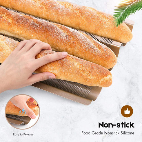 Amagabeli Nonstick French Baguette Pans for Baking 15?x11? Carbon Steel 3 Loaf Perforated Bread Tray Baguette Baking Tray Bake Mold Toast Cooking Oven Toaster Pan Cloche Waves Bakeware Golden