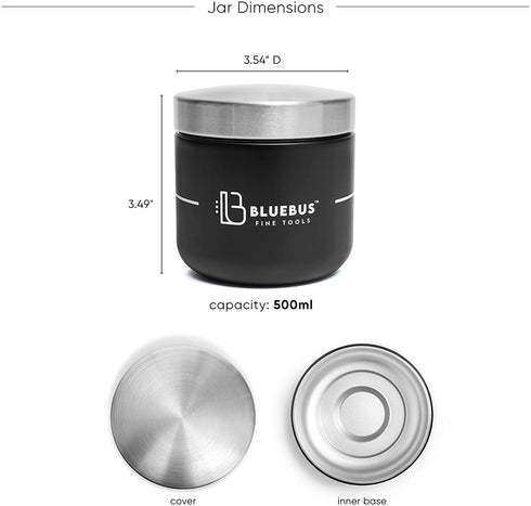 BLUE BUS BUNKER Smell Proof 500ML Jar Airtight Container - Multipurpose Bunker for Keeping Herb, Spice, Coffee, & Tea Fresh, Airtight Storage Canister with Moisture Bag, Magnet Stand, & Pen (Black)