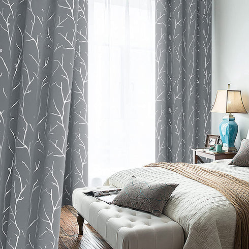 BUHUA Light Grey Blackout Bedroom Curtains,Black Out cCurtains 63 Inch Long 2 Panels,Window Curtains Panels,Thermal Insulated Windproof Elegant Tree Branches Silver Print Drapes 38W x 63L