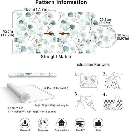 HaokHome 93044 Peel and Stick Wallpaper Green/White Eucalyptus Leaf Wall Mural Home Nursery Decor 17.7in x 9.8ft