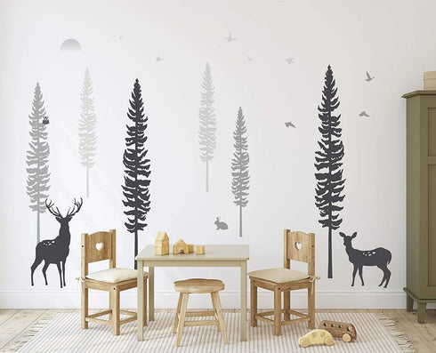 TIMBER ARTBOX Woodland Nursery Decor Dreamy Forest Theme Pine Tree Wall Decals with Animals, Deers & Owl Cute Baby Boy Girl Kids Wall Stickers for Playroom, Bedroom, Classroom & Daycare