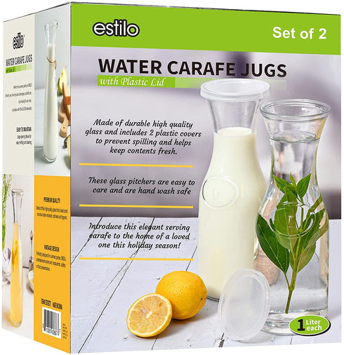 Estilo Glass Carafe Pitcher - Cocktail Beverage & Water Carafe With Lids - Narrow Neck Design, 1 Liter (33oz) Set of 2, Clear