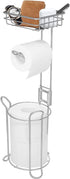 Toilet Paper Holder Stand with Storage Bathroom Free standing Toilet Tissue Holder with Dispenser Shelf for Mobile Phone, Hold 3 Rolls Reserve Toilet Roll Holder Metal Large Bathroom Storage Silver