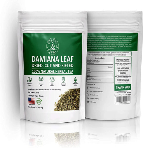 Damiana Herb Leaf Tea for Women, Men | Loose Leaf, Dried, Cut and Sifted for Adrenal Support| 4oz / 114 Grams| Made in USA