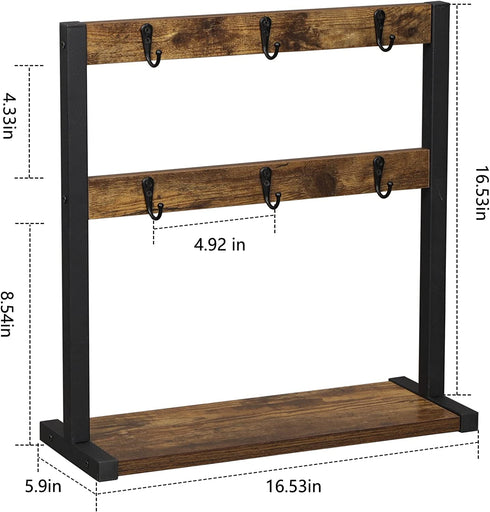 OROPY Vintage Wood Coffee Mug Holder Stand, 2 Tier Countertop Mug Tree Holder Rack for Coffee Mugs Cups (Dark Brown) (12 Hooks)