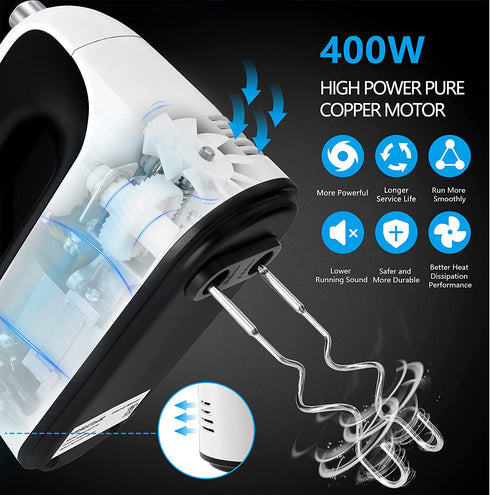 Hand Mixer Electric, IPRSTAR 400W Ultra Power 5 Speed Kitchen Handheld Mixers with Storage Case and 5 304 Stainless Steel Attachments for Easy Whipping, Mixing Brownies, Cakes and Dough Batters, White