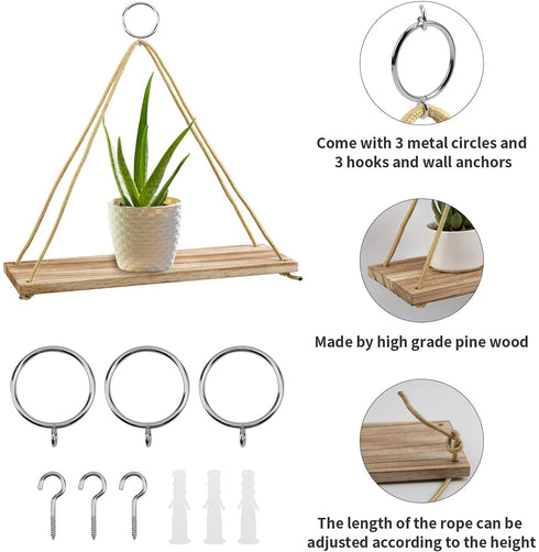 Hanging Shelves 3 Pack , POZEAN Wooden Floating Wall Shelves, Hanging Plant Shelf, Boho Wall Decor Shelves for Bedroom, Plants, Living Room, Office (Included 6 Ropes 3 Rings 3 Hooks and Anchors)