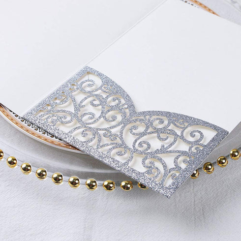 PONATIA 5.12 x 7.2 Laser Cut Invitation Pocket, 20 Tri-Fold 5 x 7 Laser Cut Wedding Invitation Pockets with Envelopes for Wedding Bbay Shower Birthday Sweet 16 Invite (Silver Glitter, No Inner Sheet)