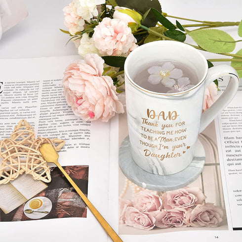 Fathers Day Mug Gifts for Dad from Daughter, Dad,Thank You For Teaching Me How To Be A Man Mug, Birthday Christmas Gifts for Dad, Funny Coffee Mugs for Dad 14Oz Gray Marble Mug with Box Spoon Coaster