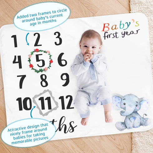 sunvito Baby Milestone Blanket Large Baby Monthly Blanket for Baby Boy Girl Newborn Soft Flannel Baby Swaddle Blanket Elephant Blanket First Year Calendar Growth Chart with Wreath Frame 47''x40''