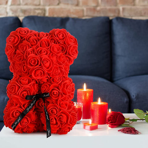 Rose Teddy Bear- Mothers Day Bear Gifts- Rose Bear Artificial Handmade, Gift for mom Rose Flower, Mothers Day Rose Gifts, Valentine's Day Gifts for Girlfriend- 10 inch Clear Gift Box
