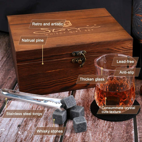 Whisky Glass Set for Men, Elegant Whisky Stones Set Included 8 Granite Whisky Rocks Chilling Stones and 2 Whisky Glasses, Nice Gift for Fathers Day, Valentine's Day and Anniversary