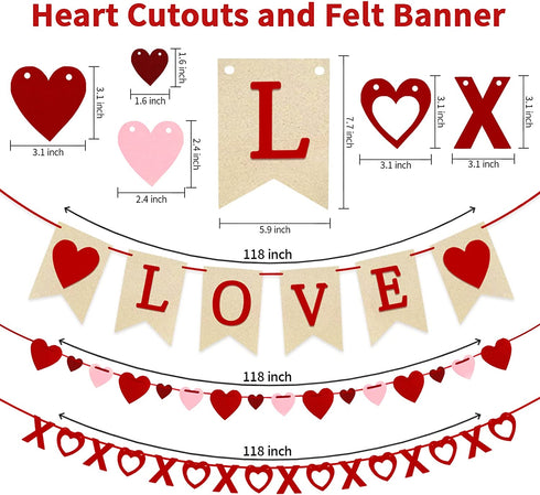 4Pcs Valentines Day Decorations Valentine's Day Decor Set Felt Love Heart XO Garlands Banner for Engagement Wedding Party Home Classroom Office, No DIY Required