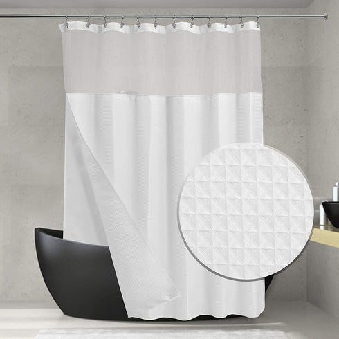 Waffle Weave Shower Curtain with Snap-in Fabric Liner & Hooks Set: Hotel Style & Top Sheer Window, Double Layers & Machine Washable for Easy Clean, 71x72, White