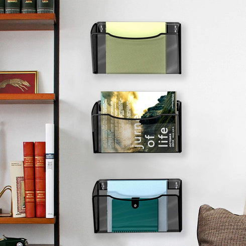 MaxGear Mesh File Holder Wall Organizer 3 Pockets Hanging File Organizers Wall Mounted Paper Organizer Holders Wall Bins for Office and Home, Black