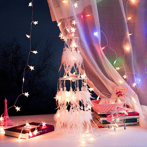 Dremisland Double Circle White Feather Dream Catcher with Mobile LED Fairy Lights Wall Hanging Ornaments Ceiling Decor for Bedroom Decor Wedding Decorations Boho Chic Party Nursery Decor