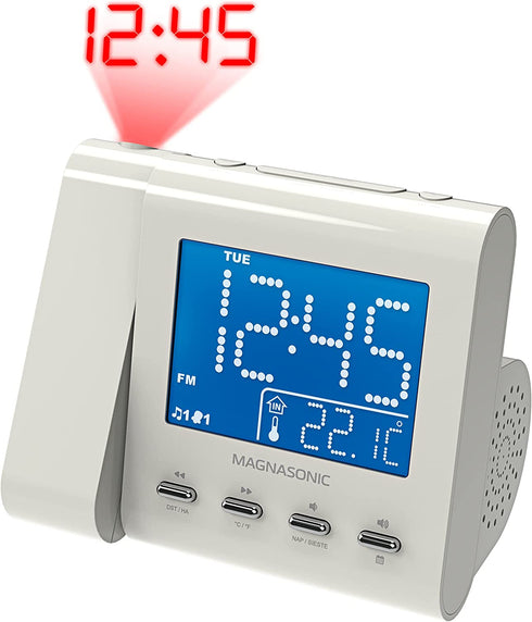 Magnasonic Projection Alarm Clock with AM/FM Radio, Battery Backup, Auto Time Set, Dual Alarm, Nap/Sleep Timer, Indoor Temperature/Date Display with Dimming & 3.5mm Audio Input - White (EAAC601W)